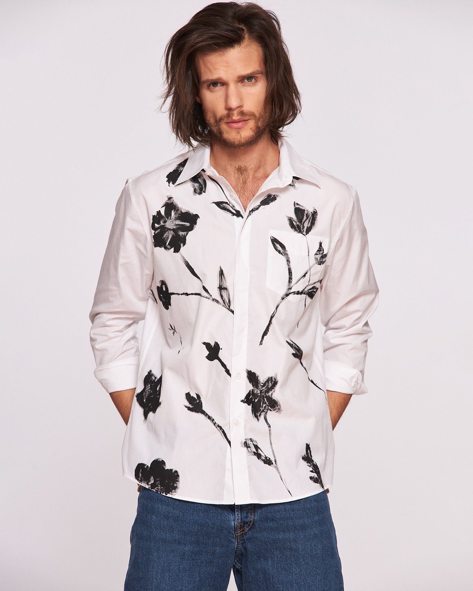 Hand-painted men's shirt "Monochrome flowers"