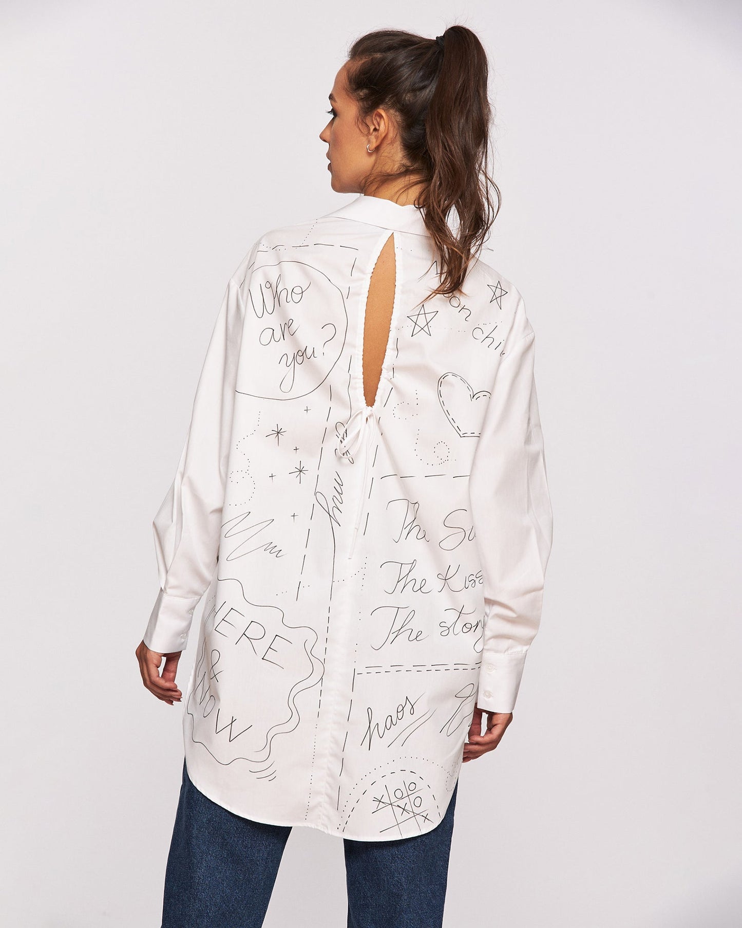 Women's open back shirt "What's your story?"