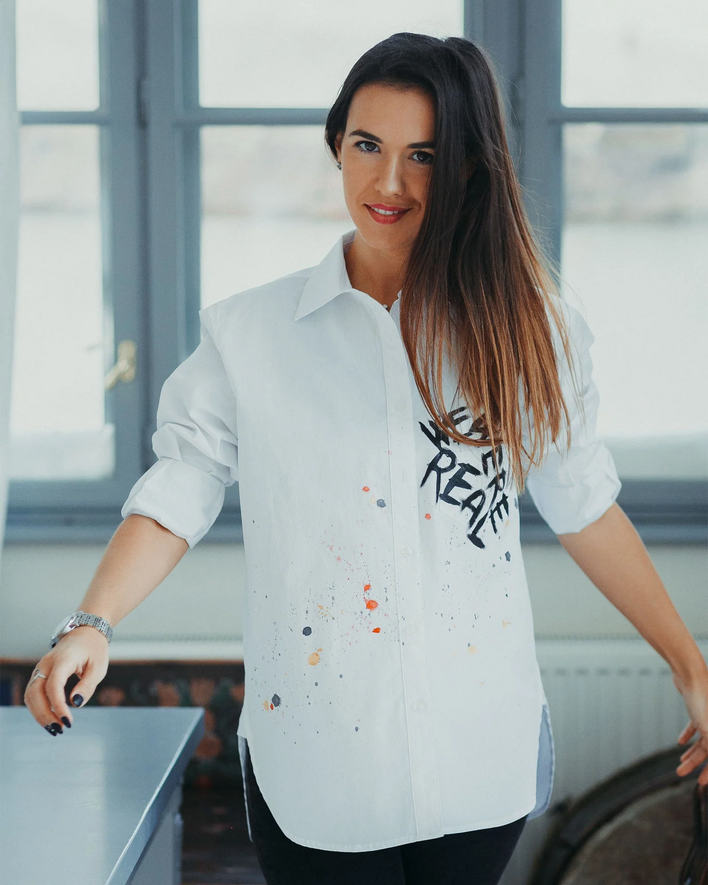 "We were born to be real" hand painted women's shirt