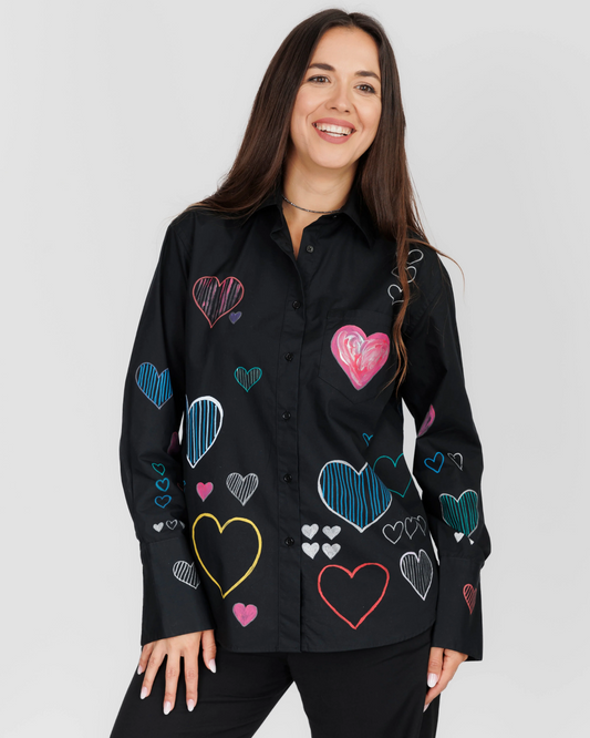 CĂMAȘĂ NEAGRĂ DAMĂ OVERSIZED "Colorful hearts"