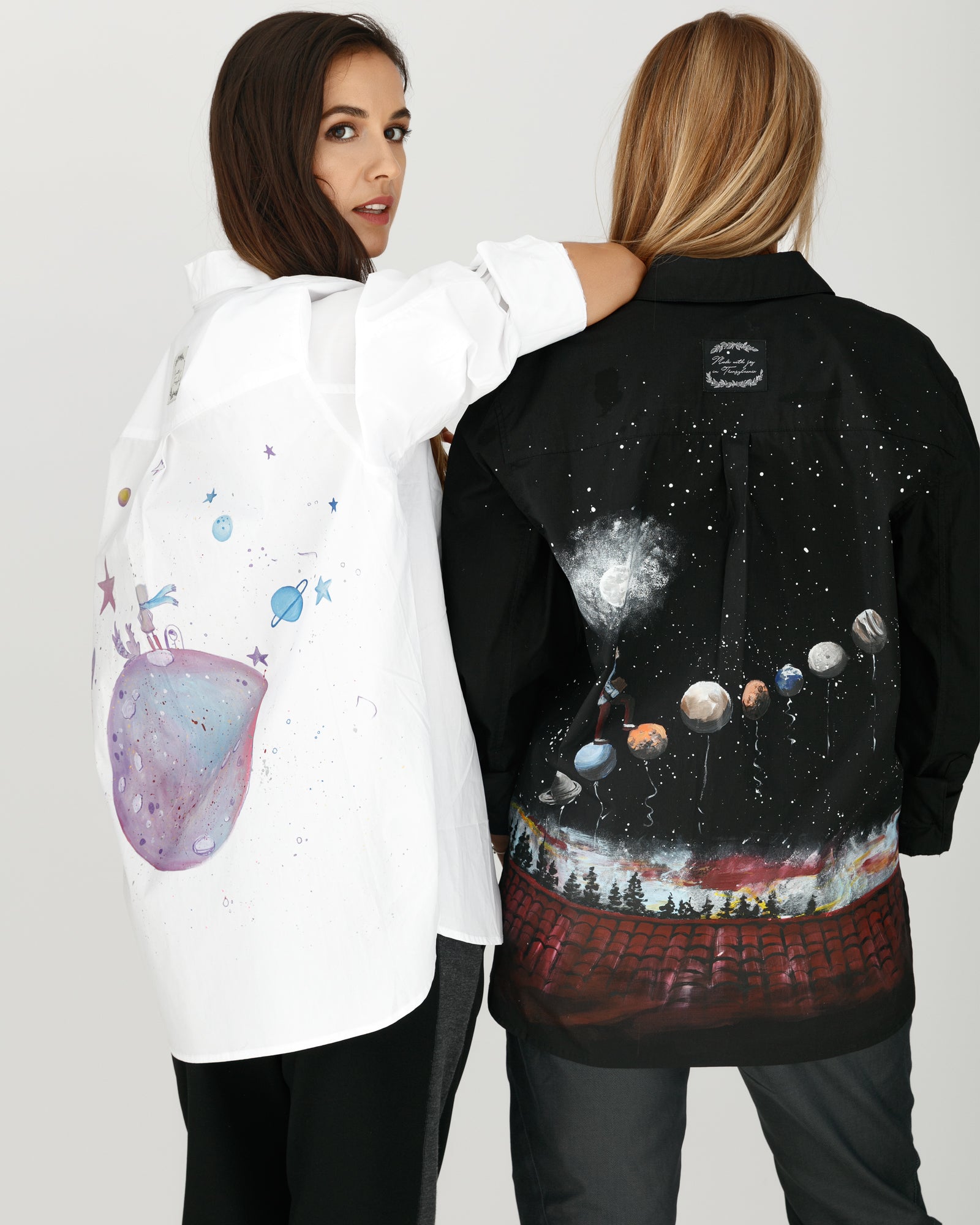 "Walking on the planet" hand painted women's shirt