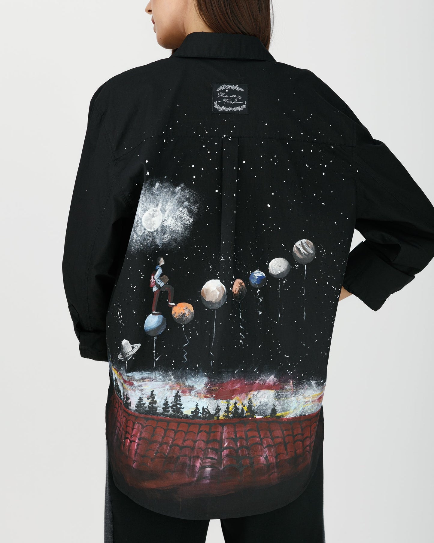 "Walking on the planet" hand painted women's shirt
