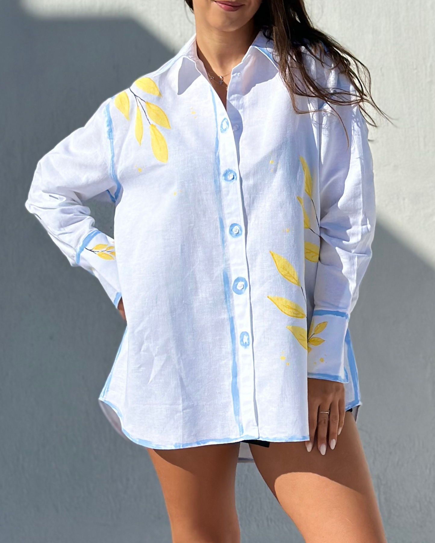 Cămașă din in damă ”Tropical leaves”