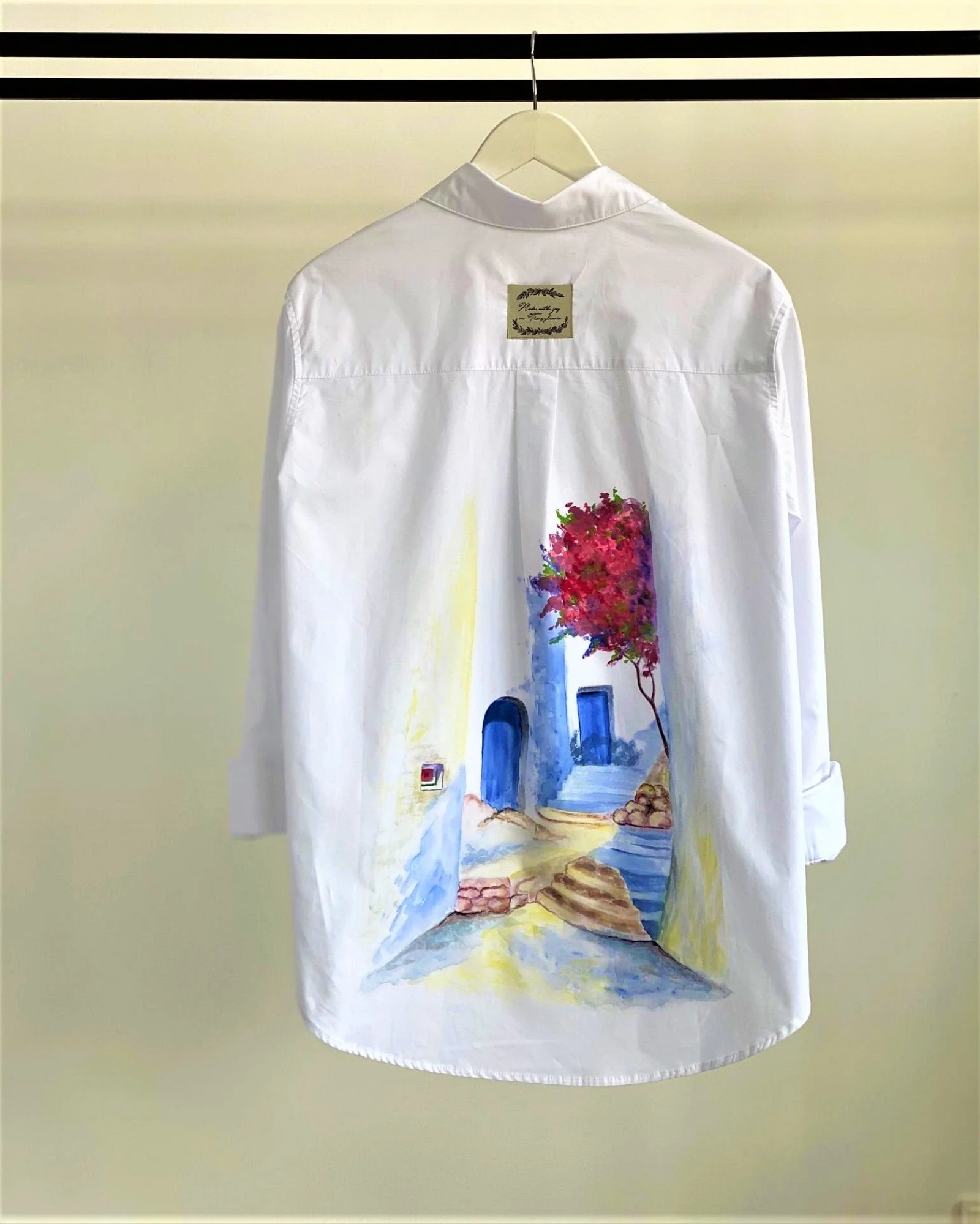 "Santorini Escape" hand painted shirt