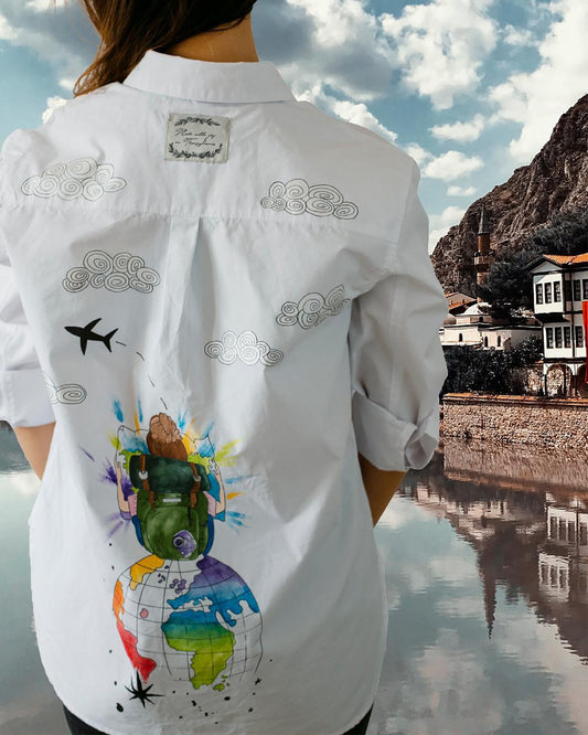 "I am a traveler" hand painted women's shirt